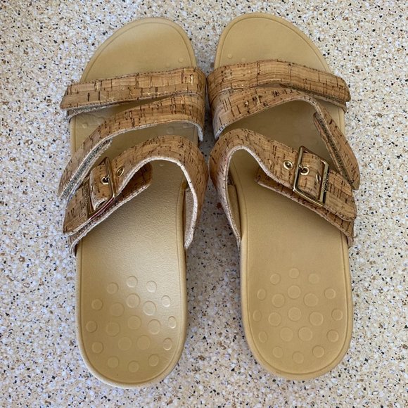 WOMENS VIONIC RIO ADJUSTABLE PLATFORM SANDAL LEATHER GOLD CORK SIZE 10 - Picture 4 of 12